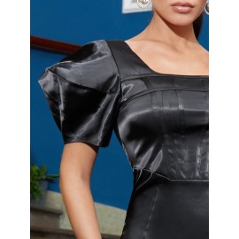 Exaggerated Puff Sleeve Satin Dress