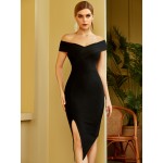 Off Shoulder Split Thigh Zip Back Cocktail Party Bodycon Bandage Dress