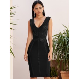 Double V-neck Lace Detail Zip Back Split Bodycon Party Bandage Dress