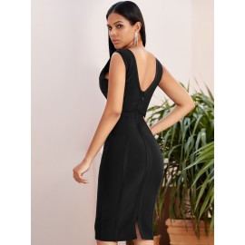 Double V-neck Lace Detail Zip Back Split Bodycon Party Bandage Dress