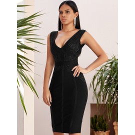 Double V-neck Lace Detail Zip Back Split Bodycon Party Bandage Dress