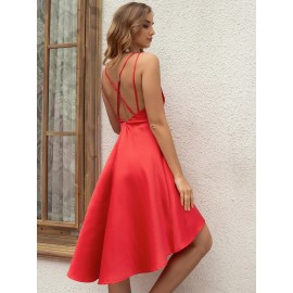 Crisscross Backless Asymmetrical Hem Slip Dress