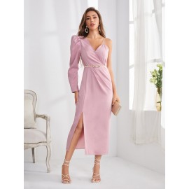 Asymmetrical Shoulder Gigot Sleeve Split Hem Belted Dress