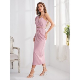 Asymmetrical Shoulder Gigot Sleeve Split Hem Belted Dress