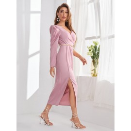 Asymmetrical Shoulder Gigot Sleeve Split Hem Belted Dress
