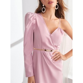 Asymmetrical Shoulder Gigot Sleeve Split Hem Belted Dress
