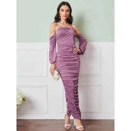 Cold Shoulder Split Hem Ruched Dress