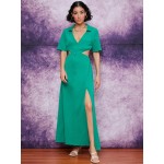 Deep V-neck Button Front Cut-out Waist Split Hem Dress