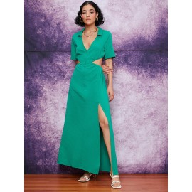 Deep V-neck Button Front Cut-out Waist Split Hem Dress