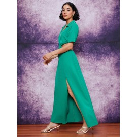 Deep V-neck Button Front Cut-out Waist Split Hem Dress