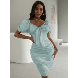 Tie Front Zip Front Jacquard Satin Dress