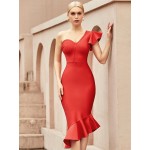 One Shoulder Ruffle Trim Bandage Dress