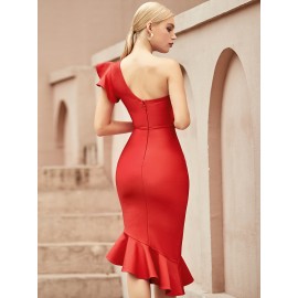 One Shoulder Ruffle Trim Bandage Dress