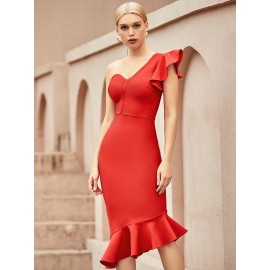 One Shoulder Ruffle Trim Bandage Dress