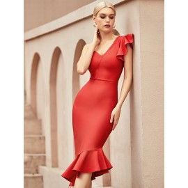 One Shoulder Ruffle Trim Bandage Dress