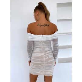 Off Shoulder Ruched Mesh Bodycon Dress