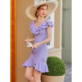 Layered Trim Zip Back Ruffle Hem Dress