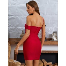 Backless Asymmetrical Neck Lace Insert Bandage Dress