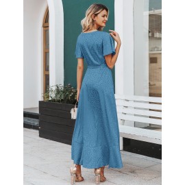 Leopard Asymmetrical Ruffle Hem Wrap Belted Satin Dress