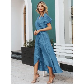 Leopard Asymmetrical Ruffle Hem Wrap Belted Satin Dress