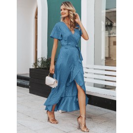 Leopard Asymmetrical Ruffle Hem Wrap Belted Satin Dress