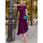 Lace Panel Butterfly Sleeve Asymmetrical Ruffle Hem Chiffon Dress