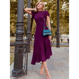 Lace Panel Butterfly Sleeve Asymmetrical Ruffle Hem Chiffon Dress