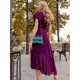Lace Panel Butterfly Sleeve Asymmetrical Ruffle Hem Chiffon Dress