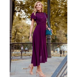 Lace Panel Butterfly Sleeve Asymmetrical Ruffle Hem Chiffon Dress