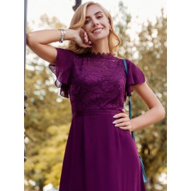 Lace Panel Butterfly Sleeve Asymmetrical Ruffle Hem Chiffon Dress