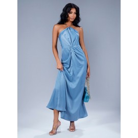 Ruched Chain Detail Backless Halter Bridesmaid Dress