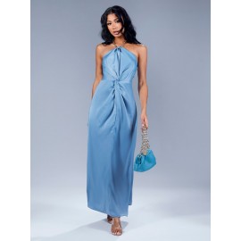 Ruched Chain Detail Backless Halter Bridesmaid Dress