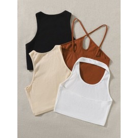 4pcs Solid Crop Tank Top
