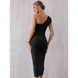 One Shoulder Zip Back Bodycon Wedding Guest Bandage Dress