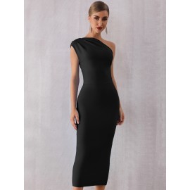 One Shoulder Zip Back Bodycon Wedding Guest Bandage Dress