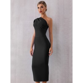 One Shoulder Zip Back Bodycon Wedding Guest Bandage Dress