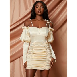 Cold Shoulder Gigot Sleeve Ruffle Trim Ruched Bodycon Dress