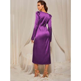Square Neck Puff Sleeve Split Thigh Satin Dress