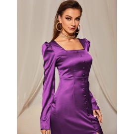Square Neck Puff Sleeve Split Thigh Satin Dress