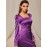 Square Neck Puff Sleeve Split Thigh Satin Dress