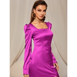 Square Neck Puff Sleeve Split Thigh Satin Dress