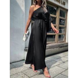 One Shoulder Solid Split Thigh Prom Dress