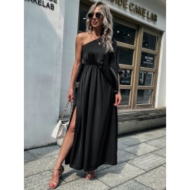 One Shoulder Solid Split Thigh Prom Dress