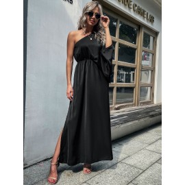 One Shoulder Solid Split Thigh Prom Dress