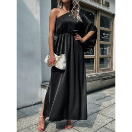 One Shoulder Solid Split Thigh Prom Dress