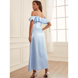 Ruffle Trim Cold Shoulder Satin Bridesmaid Dress