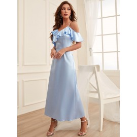 Ruffle Trim Cold Shoulder Satin Bridesmaid Dress