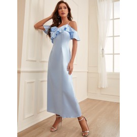 Ruffle Trim Cold Shoulder Satin Bridesmaid Dress