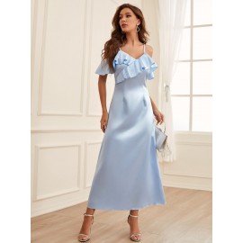Ruffle Trim Cold Shoulder Satin Bridesmaid Dress