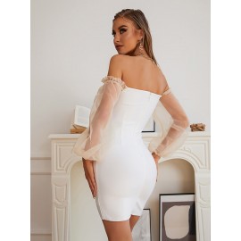 Off Shoulder Contrast Mesh Hook And Eye Bandage Dress